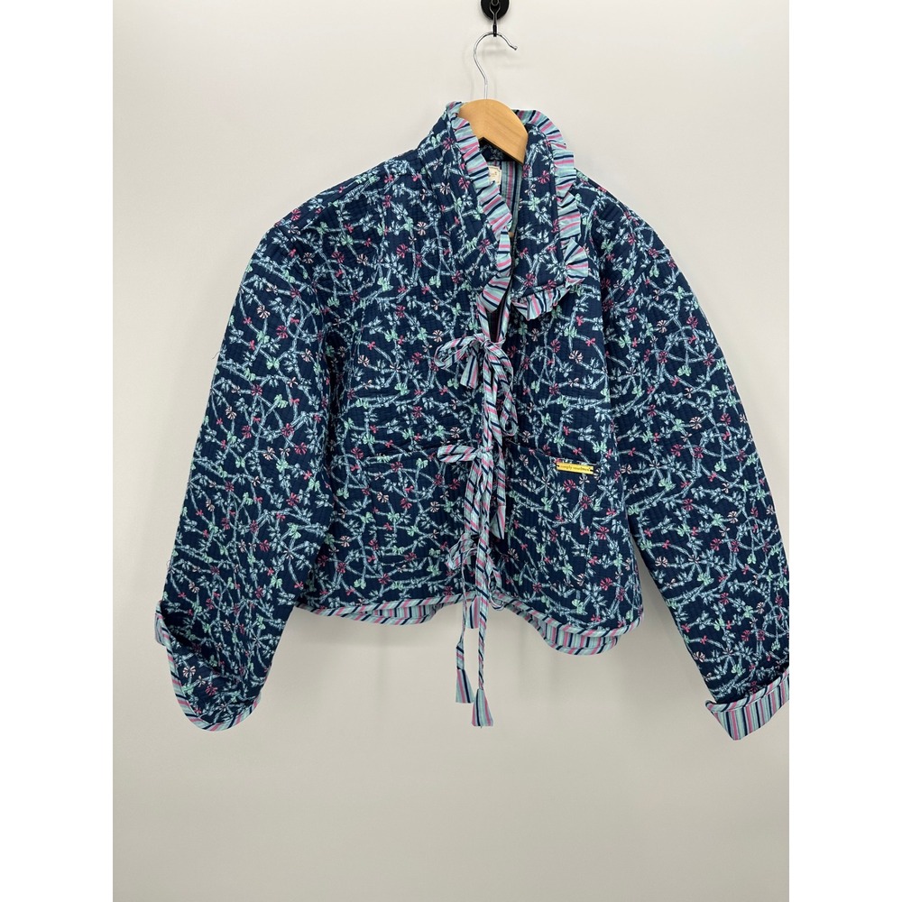 Simply Southern Ophelia Ribbon Quilted Jacket XL Navy Blue Floral Tie Front NEW